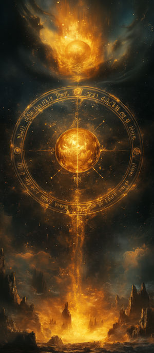 A glowing golden orb encircled by a mystical rune ring above a fiery nebula landscape with a cascading energy beam.