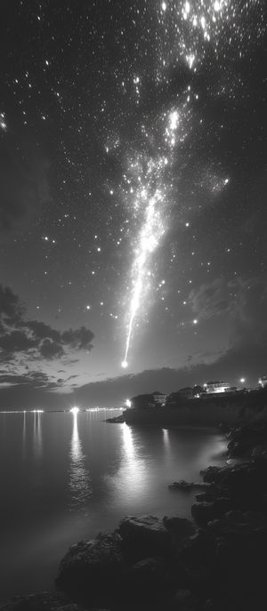 Long exposure view of a meteor shower streaking across a star-filled sky above a calm coastal shoreline at night.
