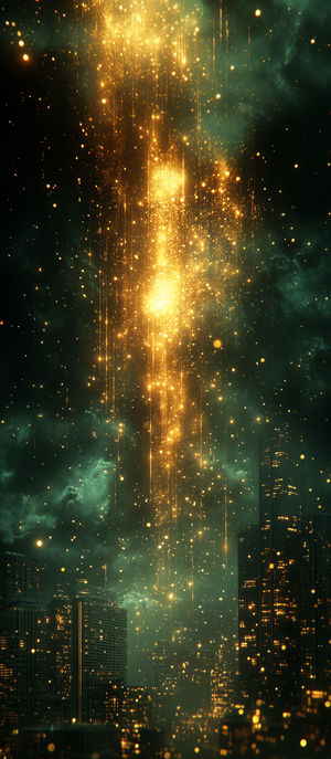 Dark futuristic city skyline at night with glowing golden particles cascading like digital rain over illuminated skyscrapers.