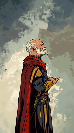 Side profile of an elderly medieval knight in detailed armor and red cloak against a textured abstract background.