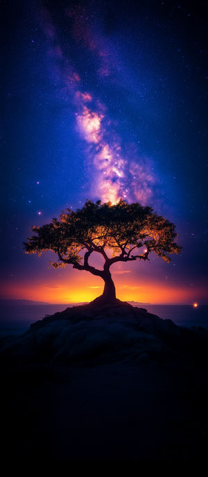 Silhouette of a lone tree on rocky seashore at sunset with vibrant Milky Way galaxy and star-filled night sky above