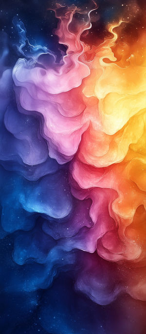Vivid abstract fluid nebula art featuring swirling blue, pink, purple, and golden clouds over a starry cosmic background.