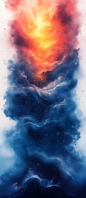 Swirling fiery orange and deep blue abstract cosmic nebula clouds blending in a vibrant digital 4K art background.