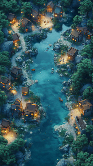 Night aerial view of a medieval river village with glowing lantern-lit cottages, stone paths, and calm waters.