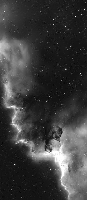 Detailed black and white image of a cosmic nebula swirling with gas clouds and countless stars in deep space.