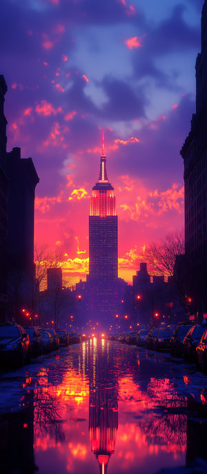Rain-soaked street reflecting a neon-lit sunset sky, with the Empire State Building glowing in pink and purple hues.