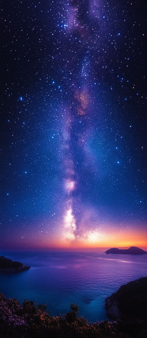 A vibrant Milky Way galaxy arching across a star-filled night sky above a calm ocean horizon at dusk.