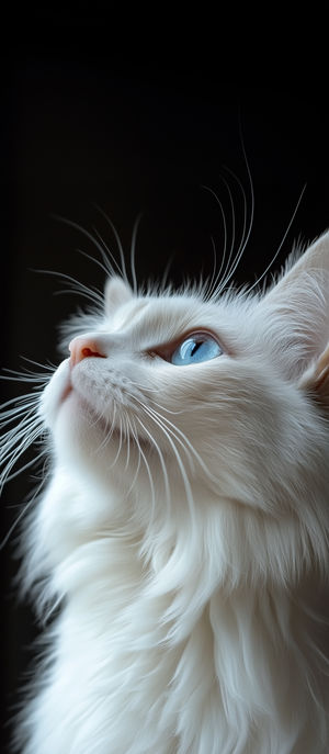 Close-up portrait of a fluffy white cat with bright blue eyes looking upward against a dark background.
