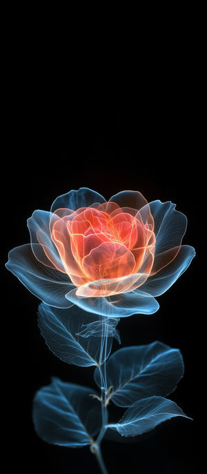 A neon rose rendered in X-ray style with glowing orange-red petals and blue translucent leaves on a black background.