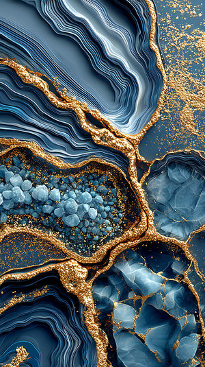 Close-up abstract geode-inspired pattern with deep blue layers and metallic gold veins creating a luxury texture.