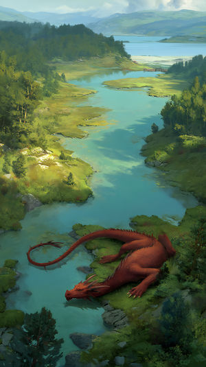 A red dragon lies beside a turquoise river in a lush green valley under a cloudy sky.