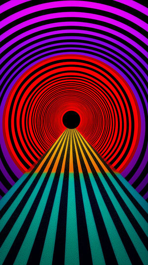 A teal and orange striped triangular path converges towards a concentric red and purple circular tunnel with a black center.