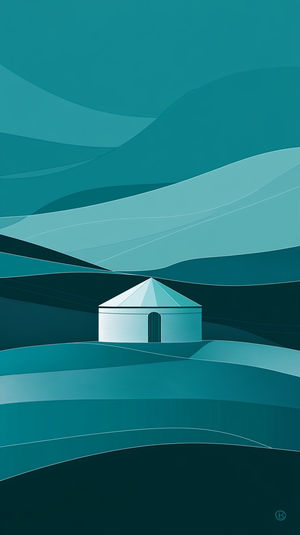 Minimalist abstract teal hillscape showing layered undulating hills and a small white circular yurt with conical roof.