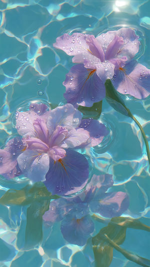 Two purple iris flowers float on clear turquoise water, with dewdrops and shimmering light reflections on the surface.