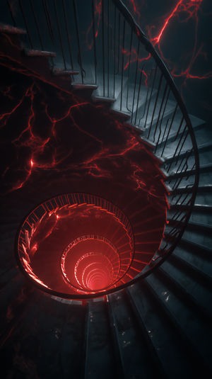 Top-down view of a dim spiral staircase wrapped in glowing red fissures, descending endlessly into a fiery abyss.