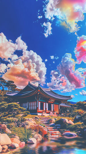 Korean lakeside temple with stone stairway, lush plants, and colorful sunset clouds reflecting on calm water.