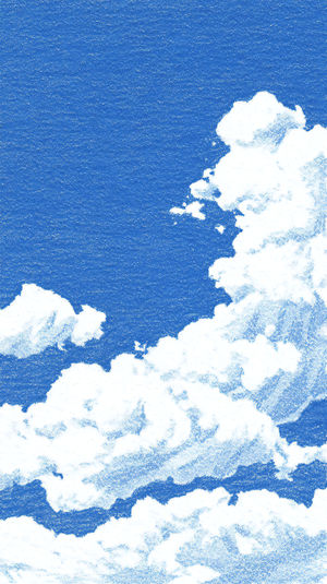 White fluffy clouds drifting across a vibrant blue sky with chalk-like textured overlay, ideal for wallpaper.