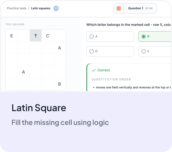A Latin Square practice question in the dMAT runner, with the correct answer and its substitution order explained