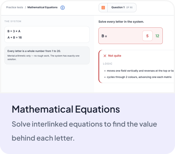 A Mathematical Equations practice question in the dMAT runner, solving for a letter in a system