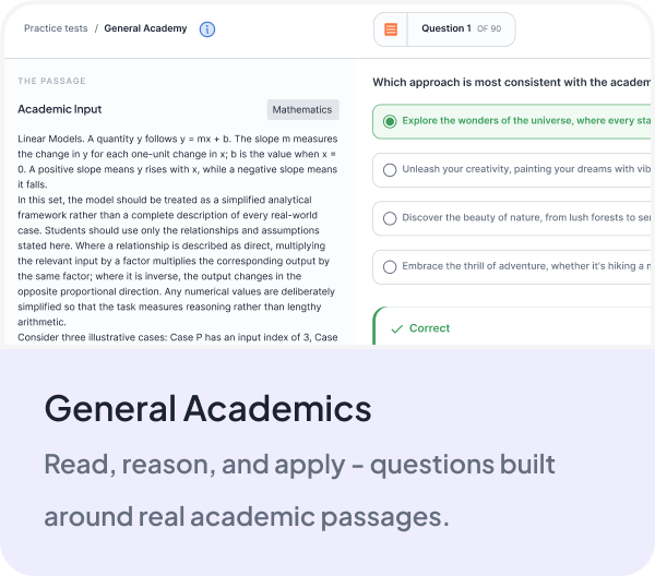 A General Academics practice question in the dMAT runner, answering from an academic passage