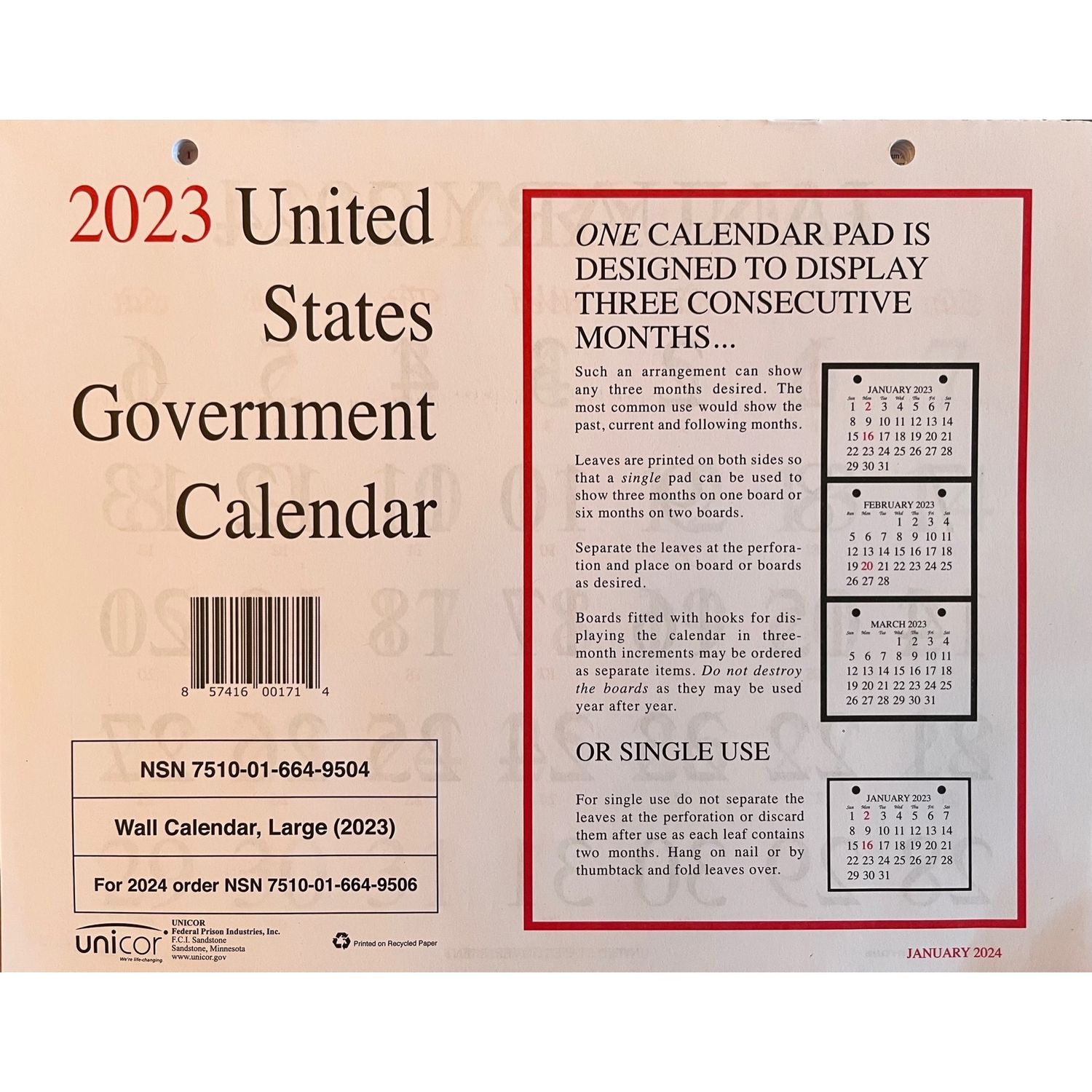 Unicor Monthly Wall Calendar