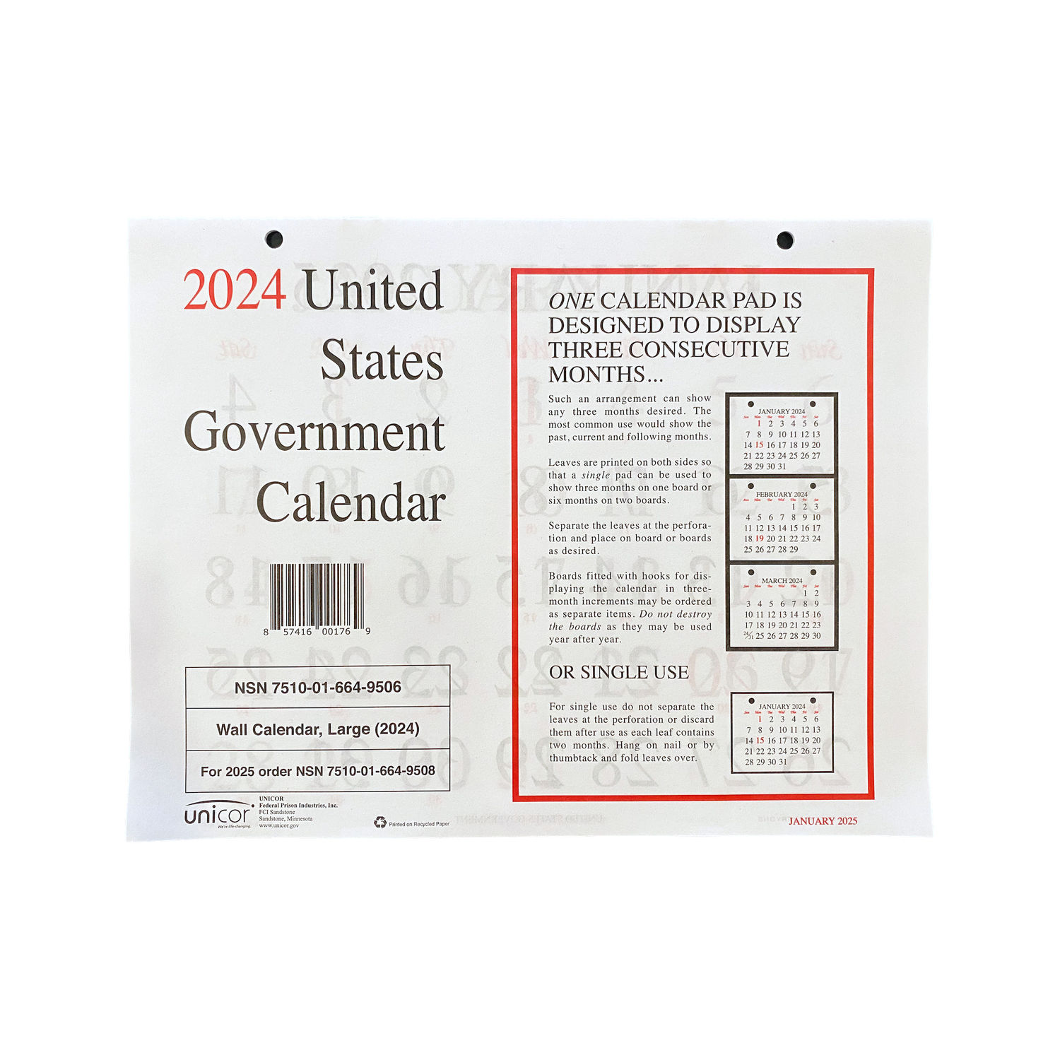 Unicor Monthly Wall Calendar