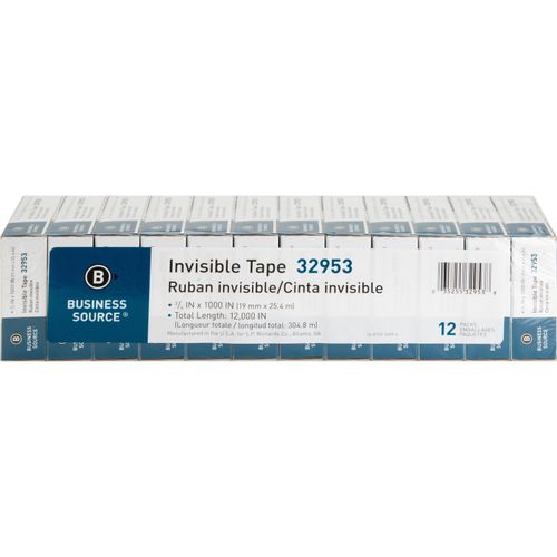 Business Source Invisible Tape, Value pk, 1 Core, 3/4x1000, 12/pk, Clear - Bsn32953