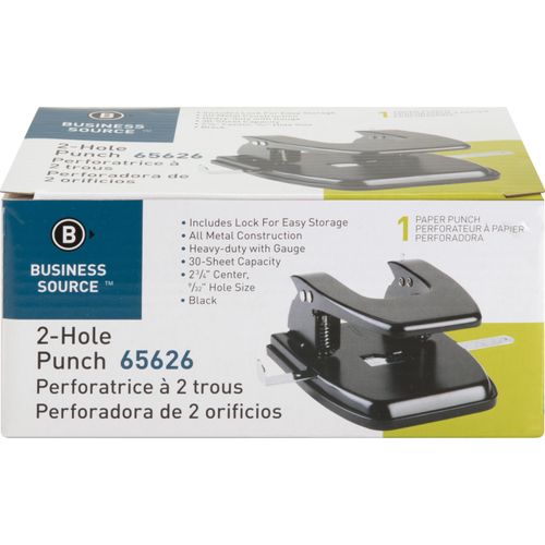 2-Hole Paper Punch, 2 3/4 Center, 30 Sheet Capacity, Black, Pack Of 2
