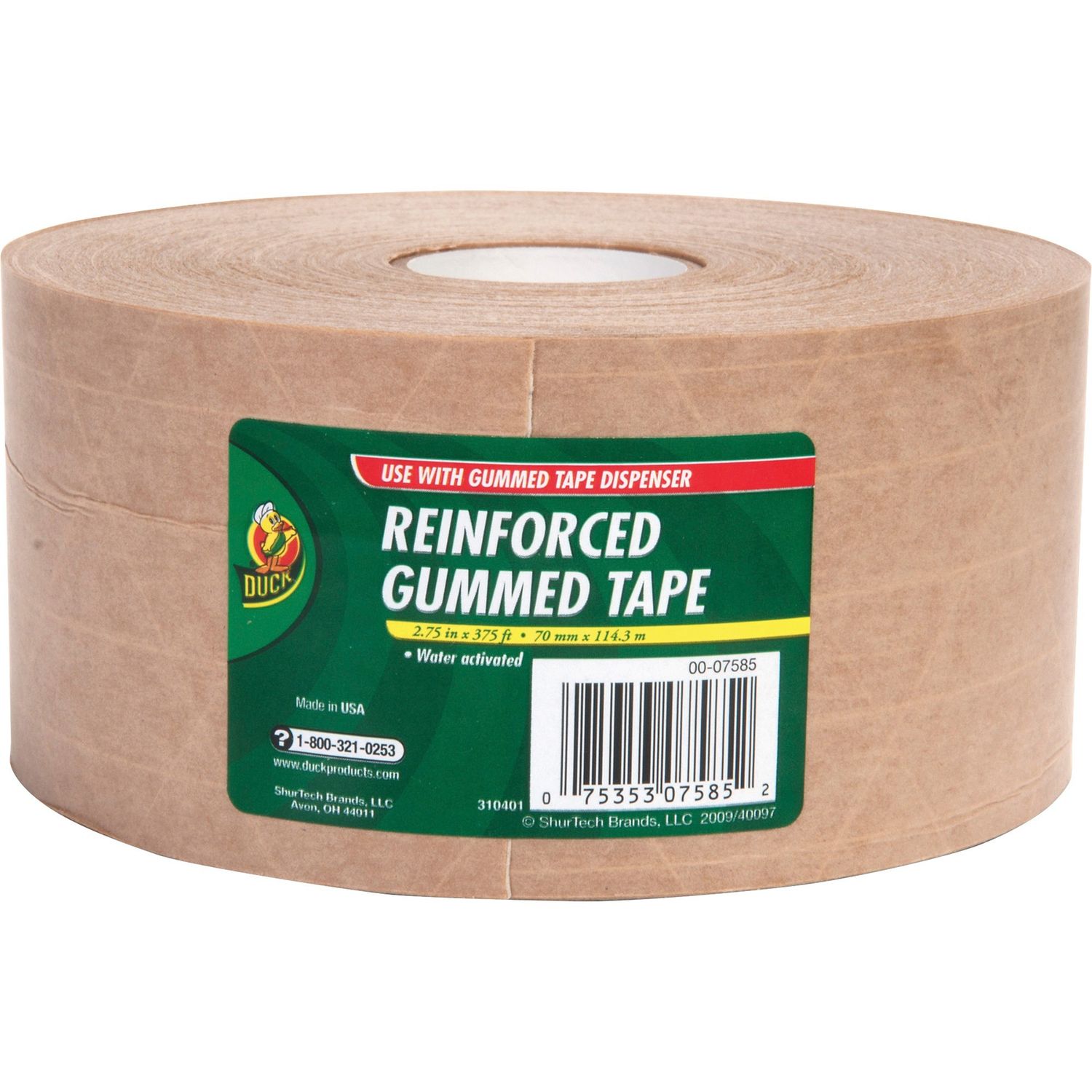 Reinforced Gummed Kraft Paper Packing Tape, 2.75 In x 375 Ft