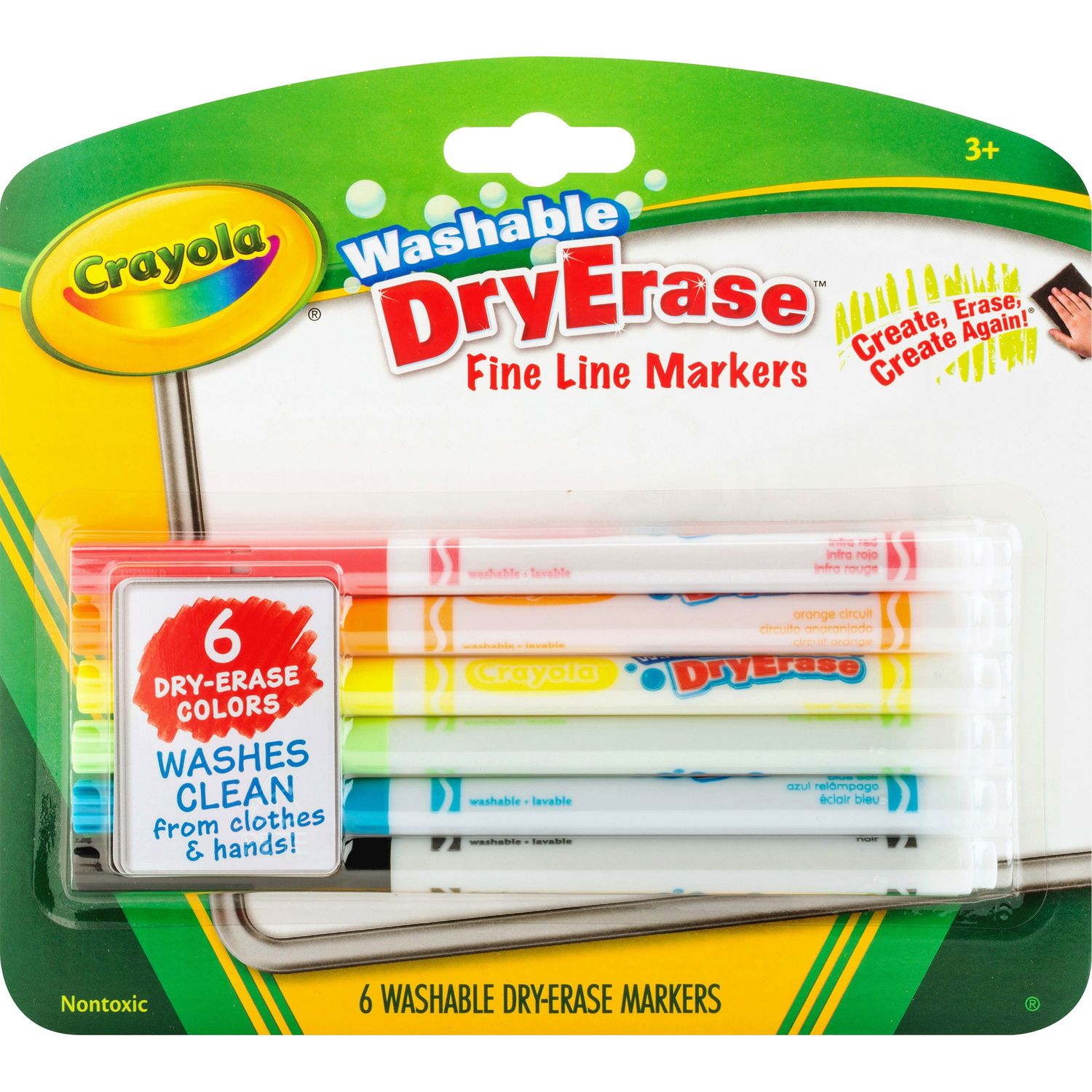 Washable Dry Erase Fine Line Markers, Bullet Marker Point Style, Assorted,  6 / Set