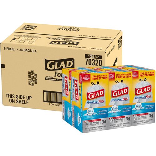 Glad Tall Kitchen Trash Bags ForceFlexPlus with Clorox, 13 Gallon