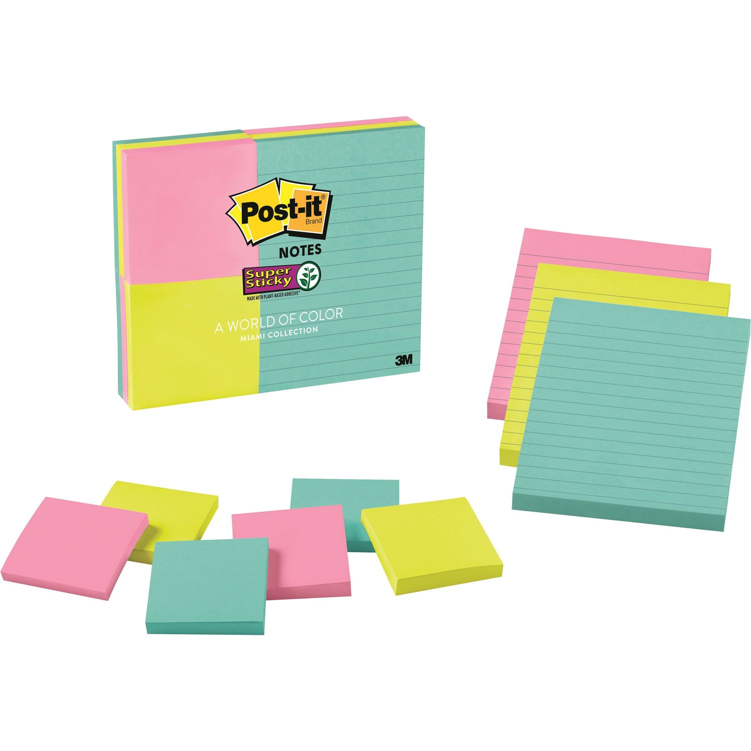 Post-it Notes Super Sticky Pads in Miami Colors, 3 x 3, 90/Pad, 12