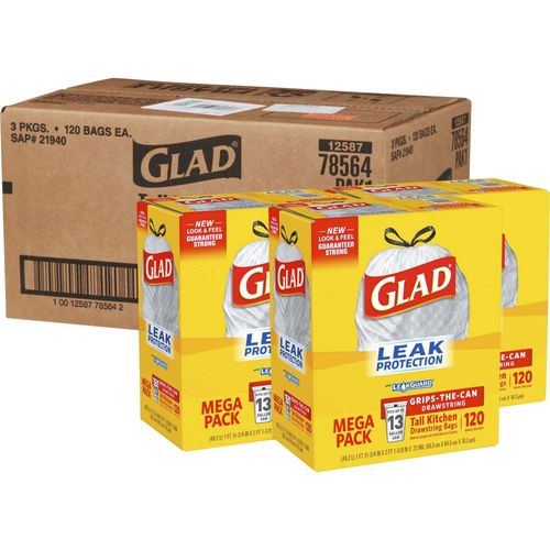 Glad Tall Kitchen Drawstring Bags, 13 Gallon, White - 100 count