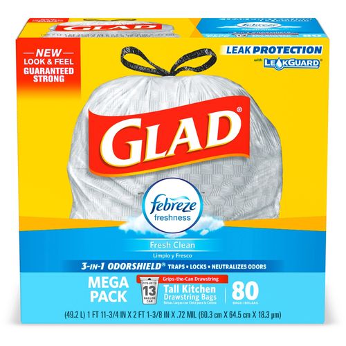 Glad ForceFlex Tall Kitchen Drawstring Trash Bags - Fresh Clean with  Febreze Freshness - 13 gal Capacity - 0.78 mil (20 Micron) Thickness -  White - 3/Carton - 80 Per Box - Kitchen, Home, Office, Garbage, Breakroom,  Cafeteria, School, Restaurant