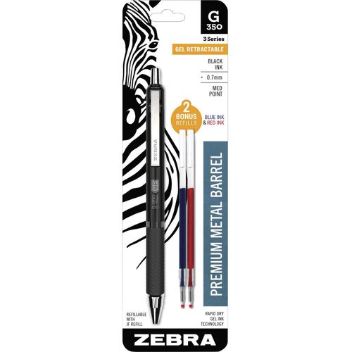 Zebra Pen G-301 Stainless Steel Retractable Gel Pen, 0.7mm, Black Ink, 4-Pack