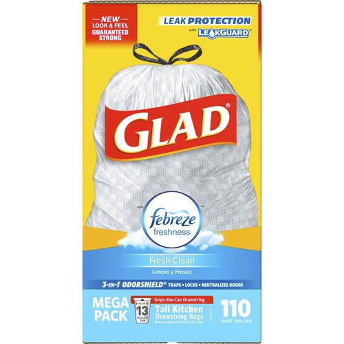 Clorox Glad Febreze Fresh Talll Kitchen Drawstring Bags, Fresh Clean, 13  gal, 23.75 x 25.38 Length x 0.72 mil (18 Micron) Thickness, White, 1Box,  110 Per Box, Home, Office, CLO78563