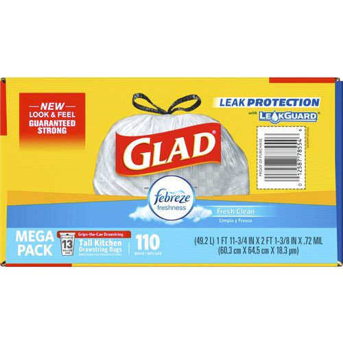 Clorox Glad Febreze Fresh Talll Kitchen Drawstring Bags, Fresh Clean, 13  gal, 23.75 x 25.38 Length x 0.72 mil (18 Micron) Thickness, White, 1Box,  110 Per Box, Home, Office, CLO78563