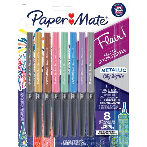 Paper Mate Flair Metallic Porous Point Pen, 0.7 mm, Assorted Ink and Barrel Colors, 8/Pack