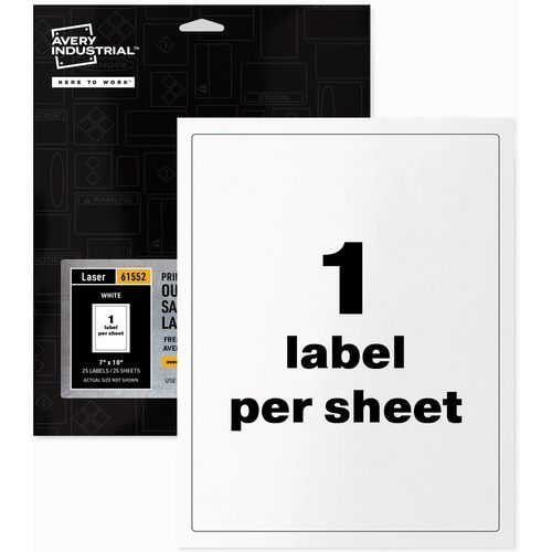 Avery Adhesive Printable Vinyl Signs - 5 Width x 7 Length - Permanent Adhesive - Rectangle - Laser - White - Vinyl - 1 / Sheet - 25 Label 61552