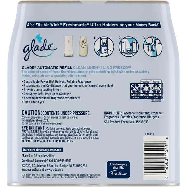Glade Automatic Spray Refill Value Pack - 12.40 oz - Clean Linen - 60 Day - 2 / Pack - Long Lasting, Phthalate-free, Paraben-free, Formaldehyde-free Glade Automatic Spray Refill Value Pack - 12.40 oz - Clean Linen - 60 Day - 2 / Pack - Long Lasting, Phthalate-free, Paraben-free, Formaldehyde-free