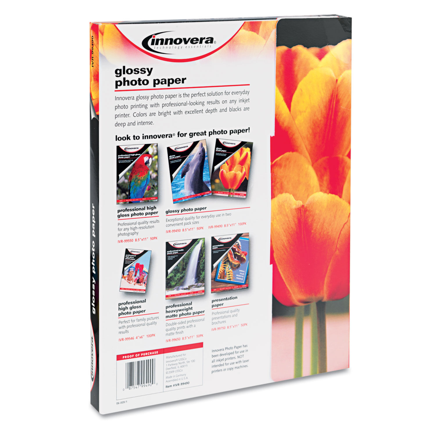 Glossy Photo Paper, 9.4 mil, 8.5 x 11, Glossy White, 100/Pack