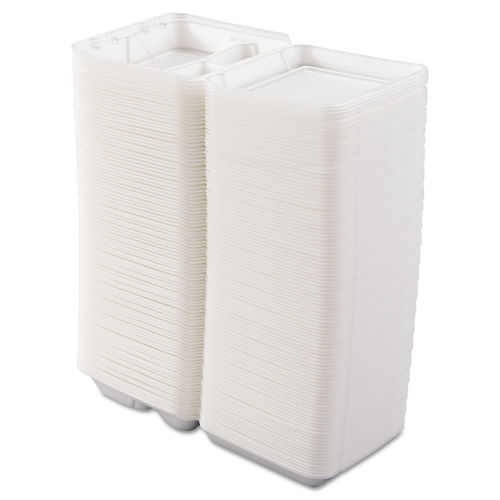 Foam Hinged Lid Containers, 3-Compartment, 7.5 X 8 X 2.3, White