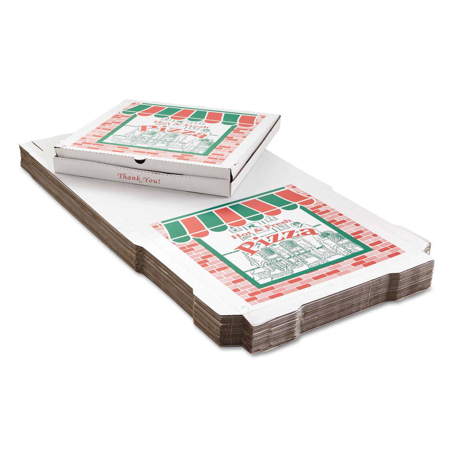 Corrugated Kraft Pizza Boxes, B-Flute, White/Red/Green, 14 Pizza