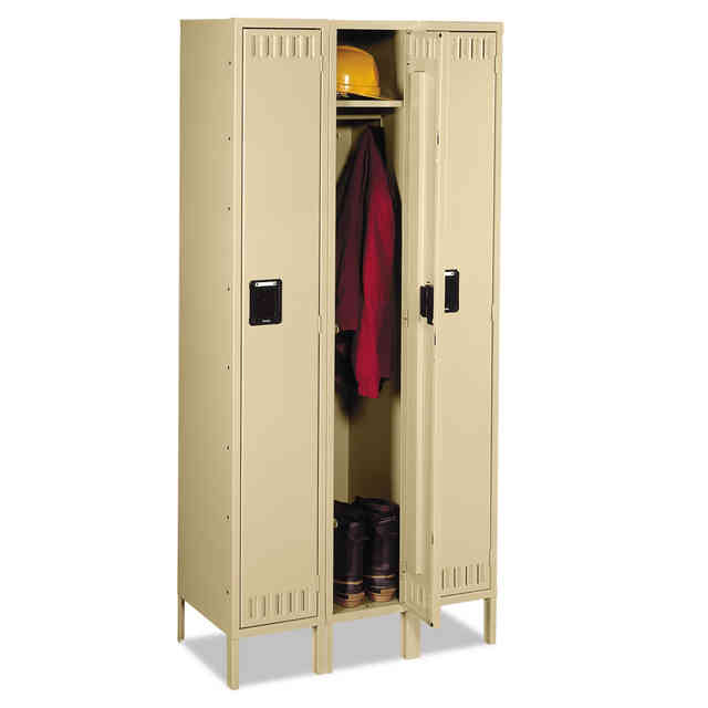 Single-Tier Locker with Legs, Three Lockers with Hat Shelves and Coat Rods, 36w x 18d x 78h, Sand Single-Tier Locker with Legs, Three Lockers with Hat Shelves and Coat Rods, 36w x 18d x 78h, Sand