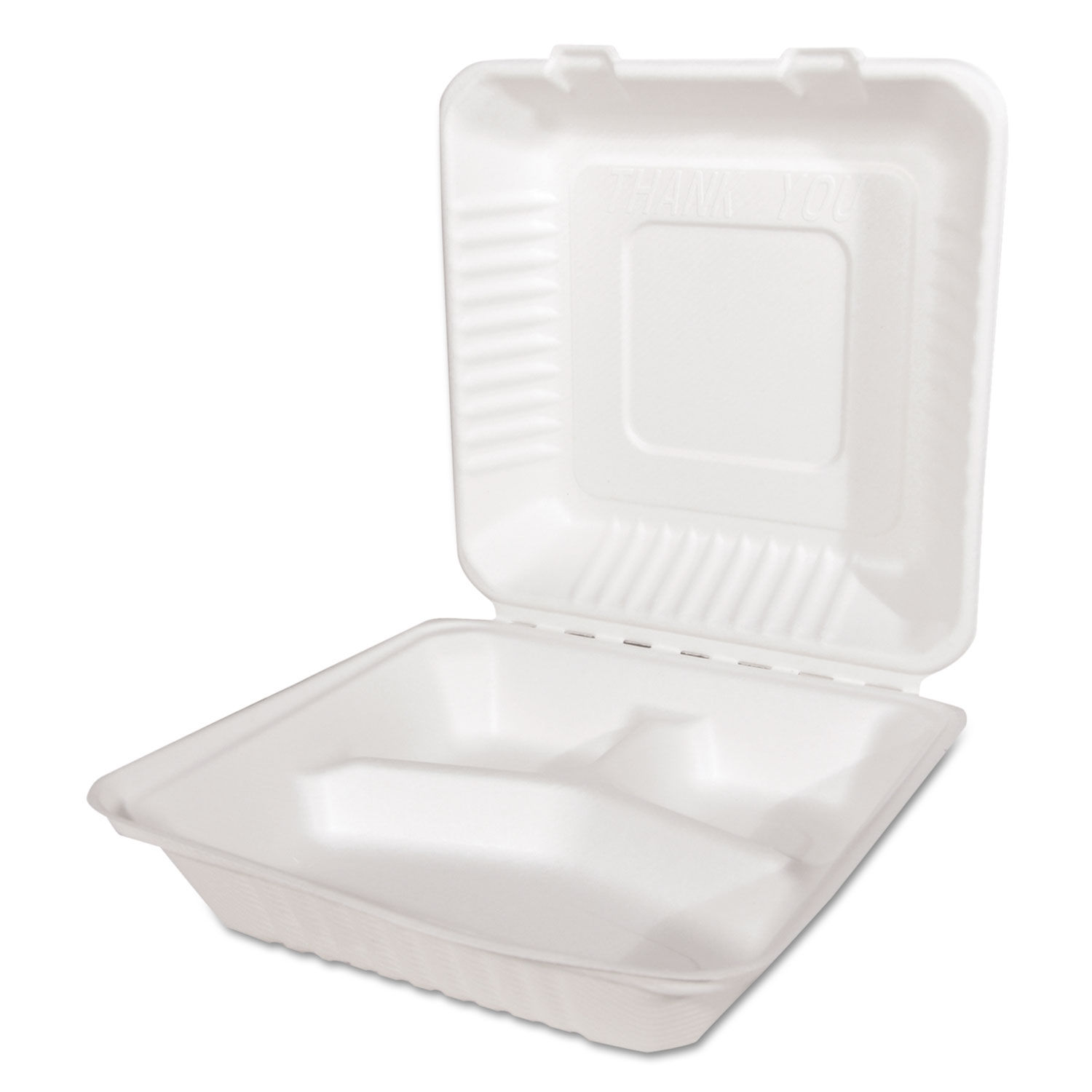 ChampWare Molded-Fiber Clamshells, 3-Comp, 9W x 9D x 3H, White, 200-carton