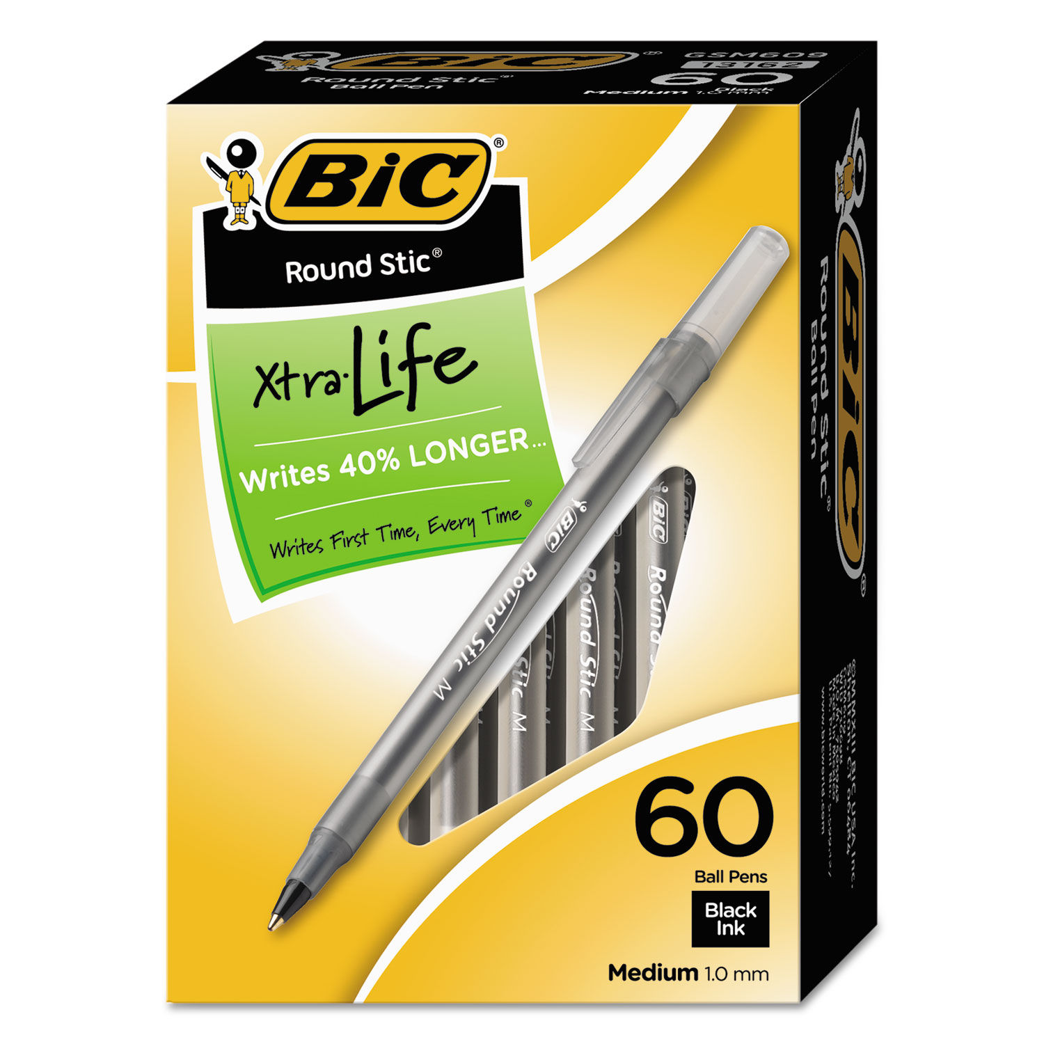 BIC Round Stic Xtra Life Ballpoint Pens, Medium Point (1.0mm), Black,  60-Count Pack, Flexible Round Barrel For Writing Comfort (GSM609-BLK)