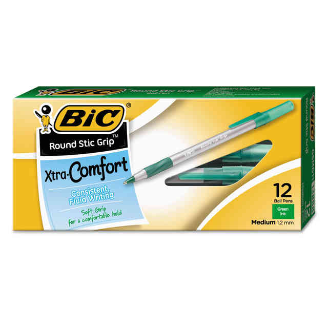 Round Stic Grip Xtra Comfort Ballpoint Pen, Easy-Glide, Stick, Medium 1.2  mm, Green Ink, Gray/Green Barrel, Dozen