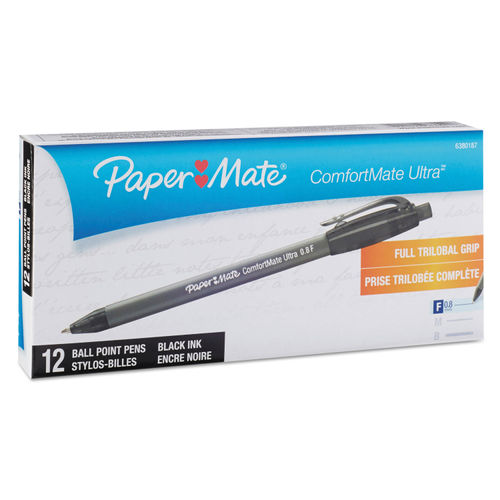 Paper Mate 0.8 mm ComfortMate Fine Retractable Ballpoint Pens - Black - 12 pack