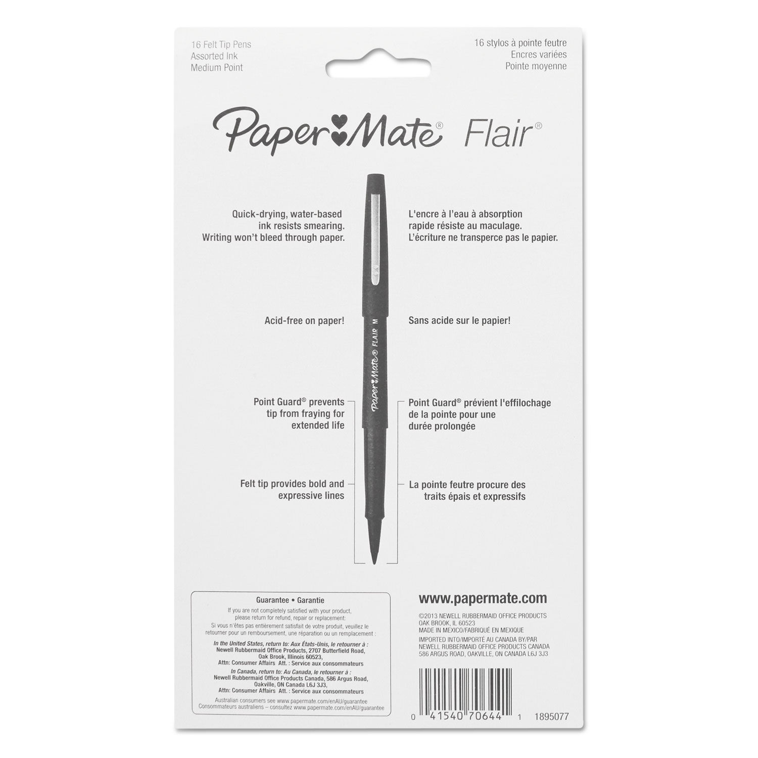 Stylos à pointe feutre Paper Mate Flair, pointe moyenne (0,7 mm), couleurs  variées, paq 12