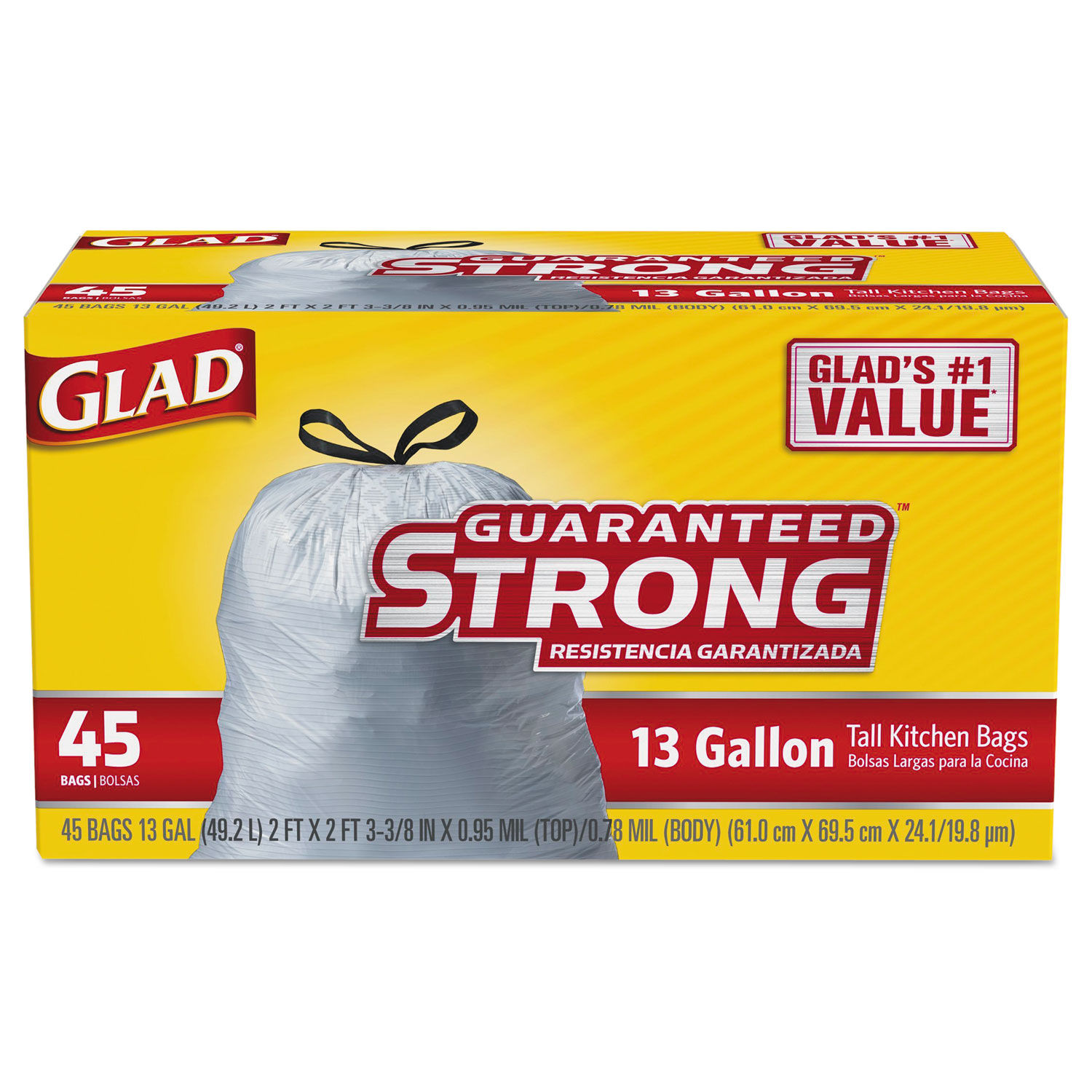 Glad Tall Kitchen Drawstring Trash Bags, 13 Gal, 0.72 Mil, 23.75 X 24.88,  White, 240/Carton - CLO79008